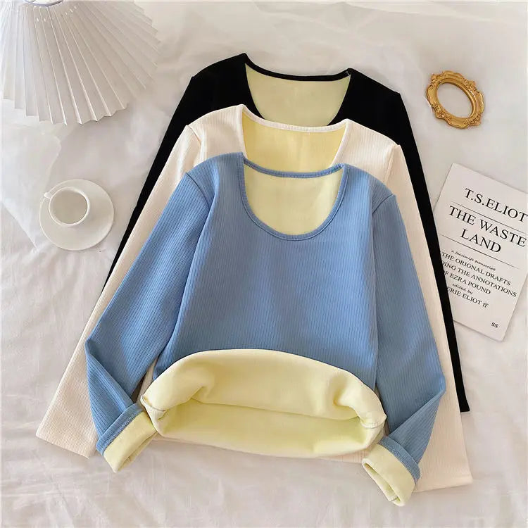 Warm O Neck Long Sleeve Tops Winter Women T Shirts Thread Casual Slim Solid Color Simple Add Fleece and Thicken T-Shirts