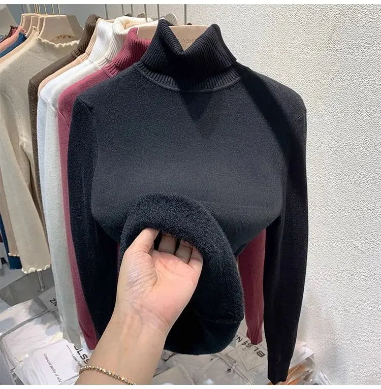 Turtleneck Plush Fleece Sweater Women Winter Fashion Elastic Thicken Pullovers Warm Casual Basic Solid Bottoming Sweater