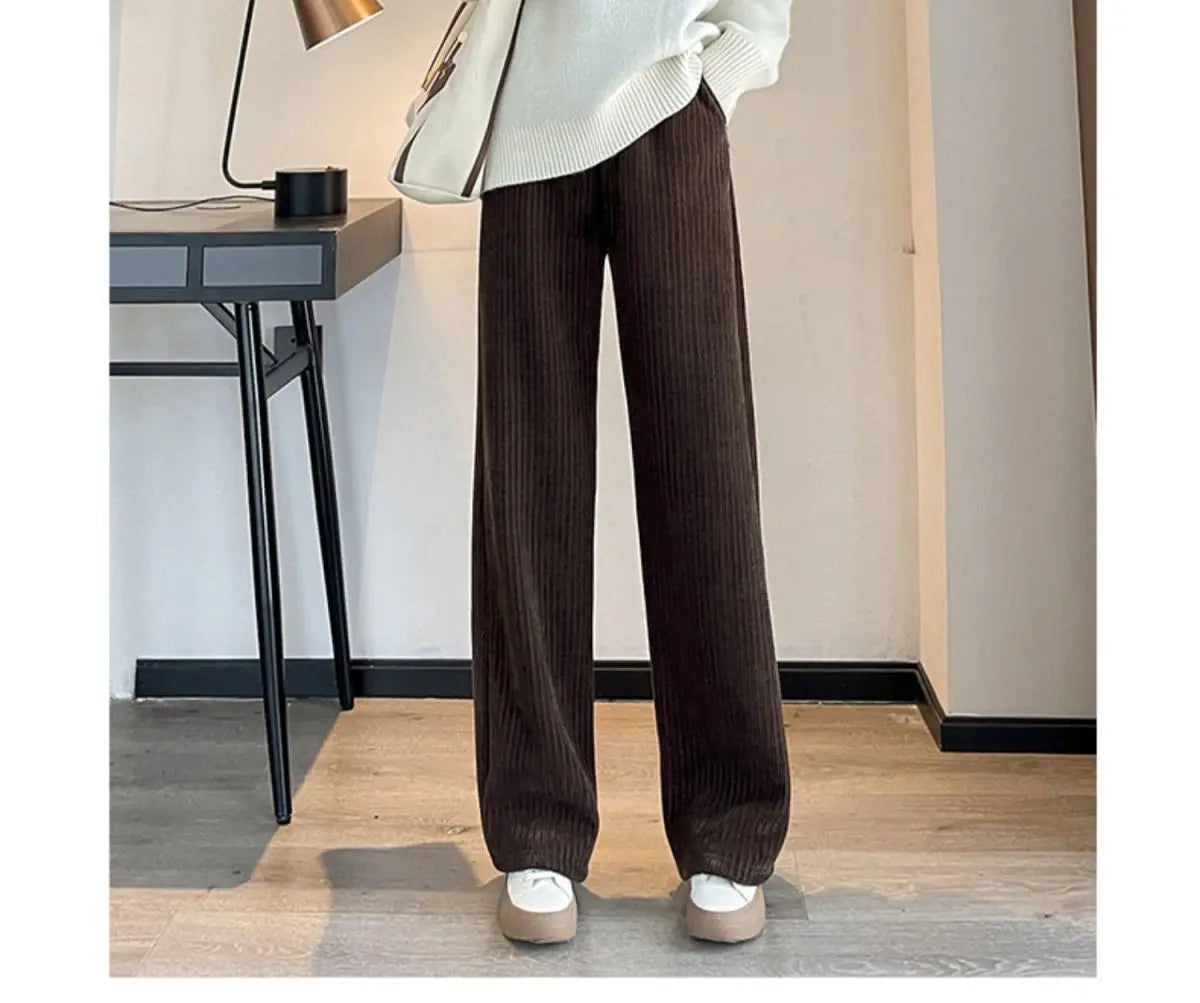 Women Winter Fleece Lined Wide Leg Pant Korean Warm Baggy Fashion Casual Corduroy Elastic Waist Stright High Waist Trousers