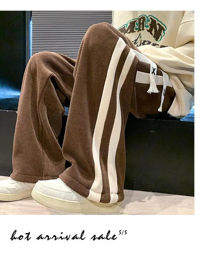 Fleece Thicken Corduroy Wide-leg Pants Men's Harajuku High Street Side Stripes Pants Casual Straight Elastic Waist Sweatpants