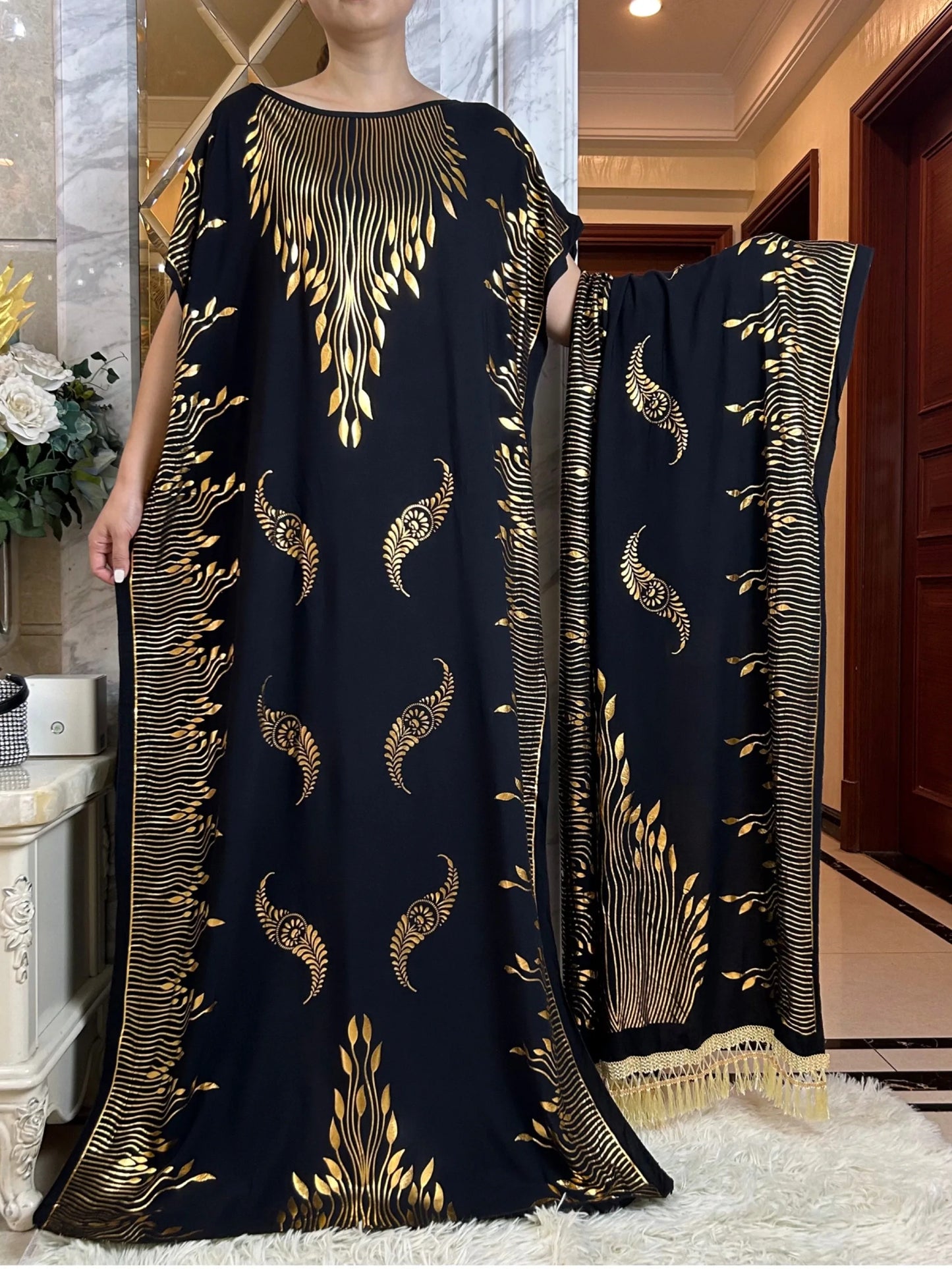 Dubai New Abaya For Women  Summer Short Sleeve Cotton Dress Gold Stamping Loose Lady Maxi Islam African Dress With Big Scarf