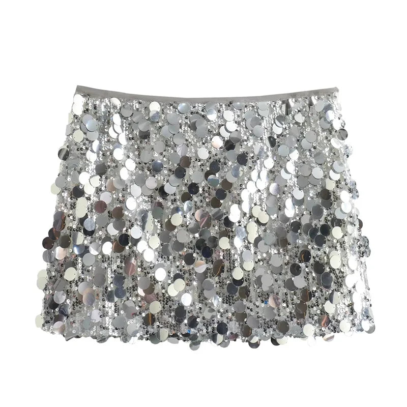 TRAF Silver Sequin Skirt Woman High Waist Mini Skirt Woman Fashion Shiny Glitter Elegant Short Skirts For Women 2024 Y2k Skirts