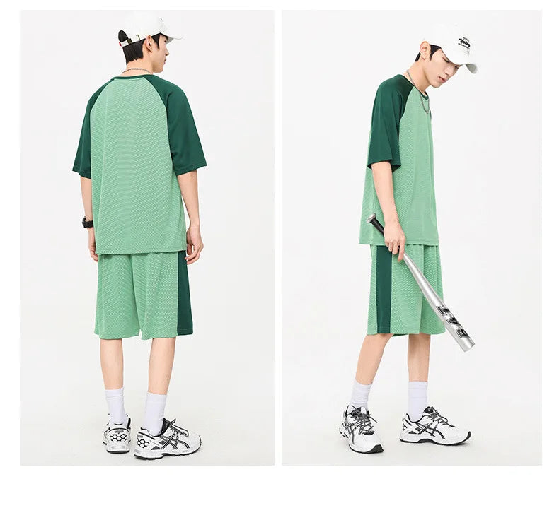 Oversized Summer Breathable Mesh Men Set Couple Outfit Patchwork Casual Women Short Sleeve Wide Leg Shorts Tracksuit 2pcs Set