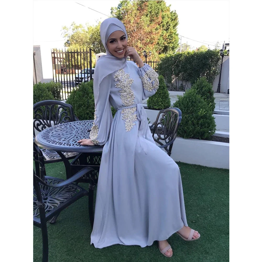 Arabian Lace Beaded Muslim Dress Abaya Dubai Women Hijab Dress Turkey Fashion Robe Turkish Dresses Hijab Prayer Islamic Clothing