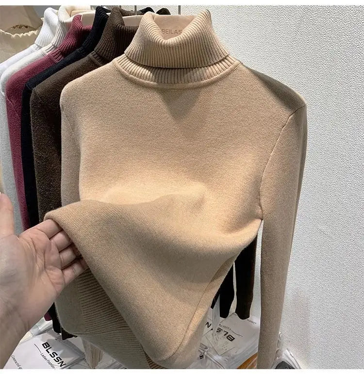 Turtleneck Plush Fleece Sweater Women Winter Fashion Elastic Thicken Pullovers Warm Casual Basic Solid Bottoming Sweater