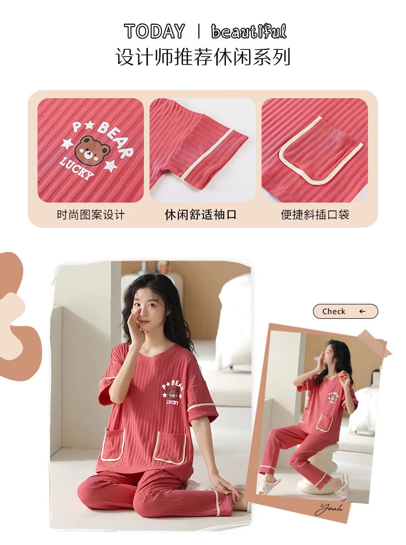 Big Size 5XL Pajama Sets Short Sleeved Cartoon Bear Knitted PJ Plaid Sleepwear Elegant Women's Pajamas Lounge Home Pijama Mujer