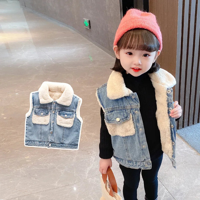 Boys and Girls' Vest Fleece Soft and Thickened Denim Tank Top Autumn Winter 2023 New Children's Coat Girls Fashion Kids Outfit