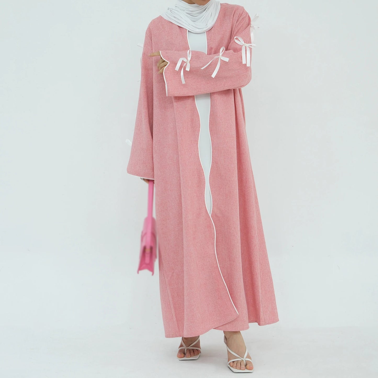 2024 Abaya Dress Bowknot Long Sleeves Modest Dresses Muslim Fashion Women's Clothing Robe Long Cardigan Outwear Eid Ramadan