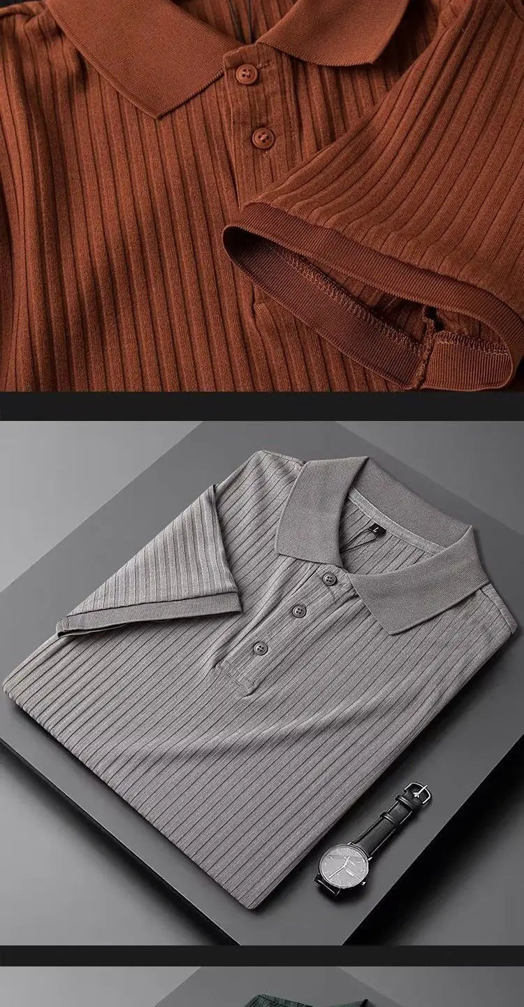 Men Polo Shirt Stripes Short Sleeve T-shirt Male Breathable Tops Business Turn Down Collar Luxury Handsome Elasticity Pullover