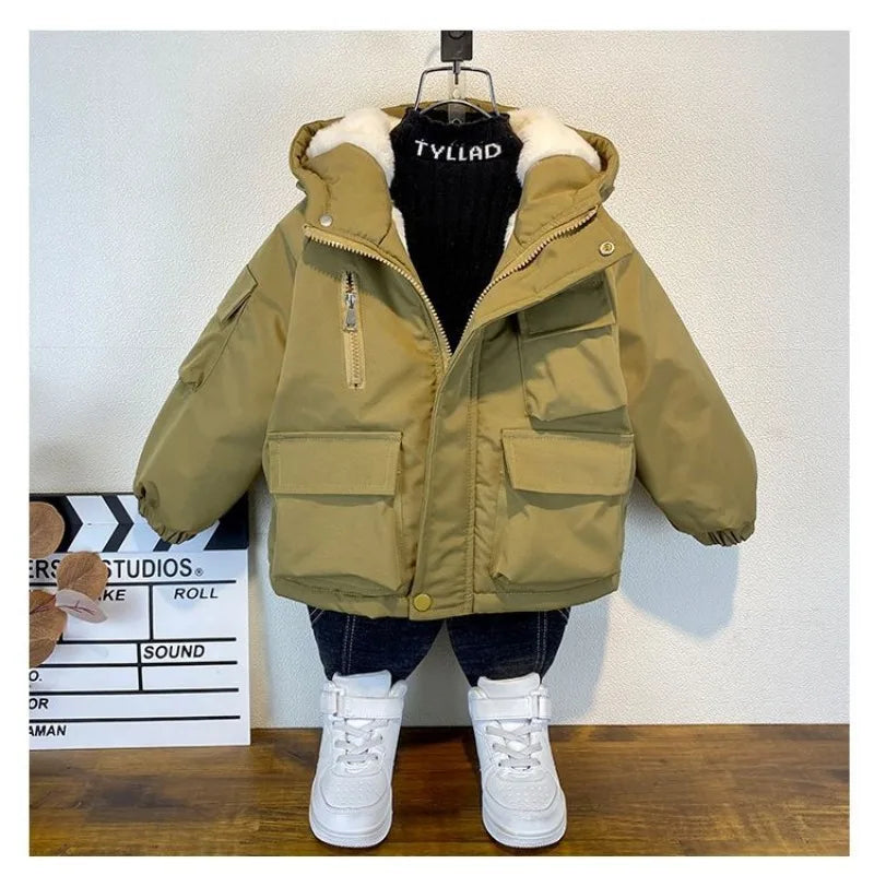 2023 Winter Boys Jacket Children Clothing Keep Warm Cotton Thicken Coats Kids Zipper Hooded Outerwear Plus Velvet Jackets