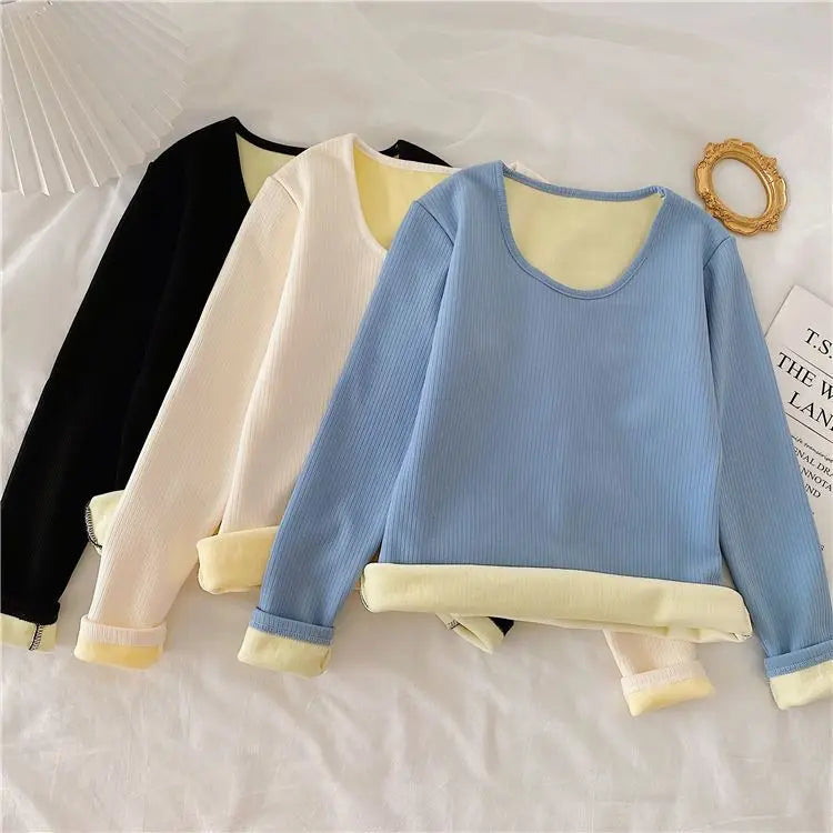 Warm O Neck Long Sleeve Tops Winter Women T Shirts Thread Casual Slim Solid Color Simple Add Fleece and Thicken T-Shirts