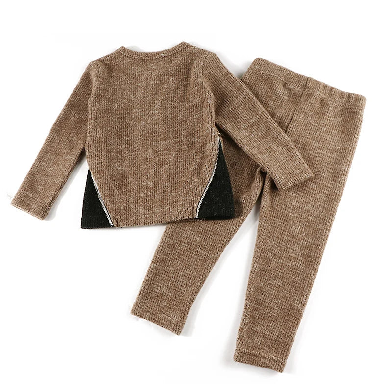 Baby and kids top & pants winter ribbed cotton outfit family matching clothes girls clothing side zipper long sleeve sweater