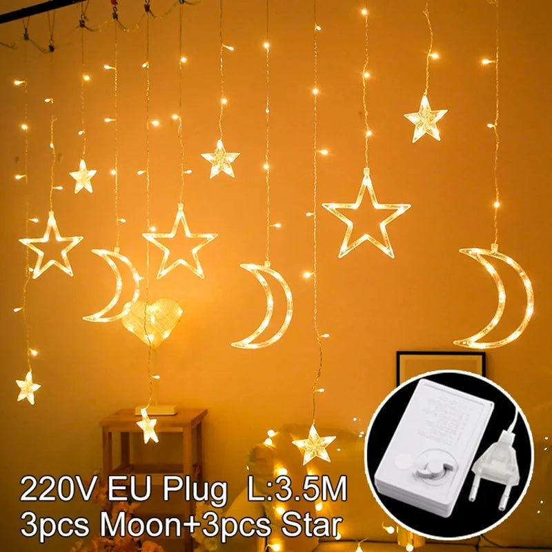 Eid Moon Star Curtain Garland Led String Light Ramadan Decoration Islam Muslim Party Decor Eid Al Adha Gift Eid Mubarak