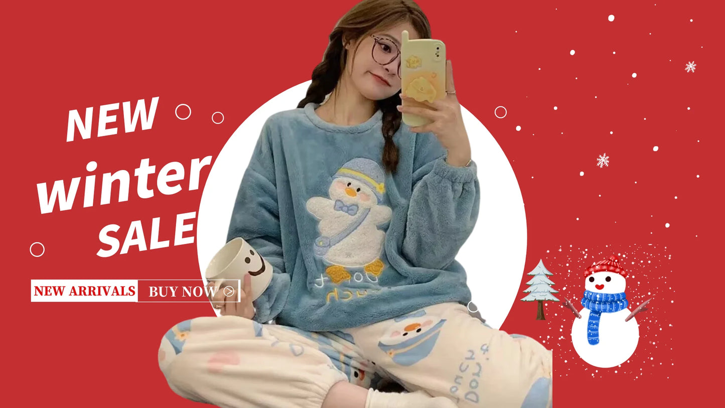 Autumn Winter Women's Pajamas Cute Cartoon Printed Sleepwear Casual Home Wear Set Girl Knitted Size M-3XL Pijamas Fashion Pyjama