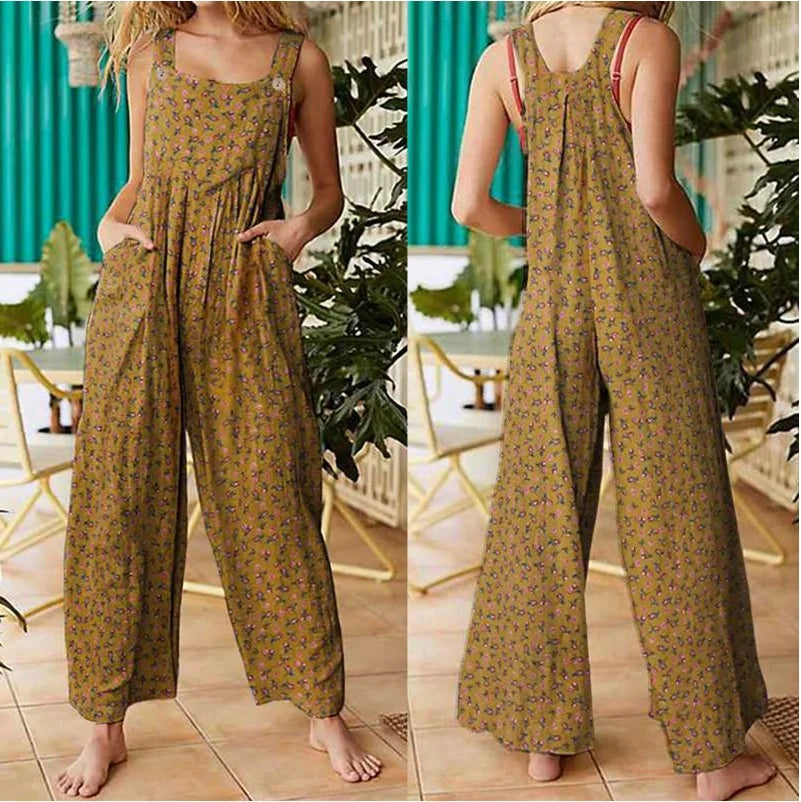 Summer New Women Casual Loose Flower Print Jumpsuits Women's Overalls Boho Sleeveless Square Collar Jumpsuits Rompers