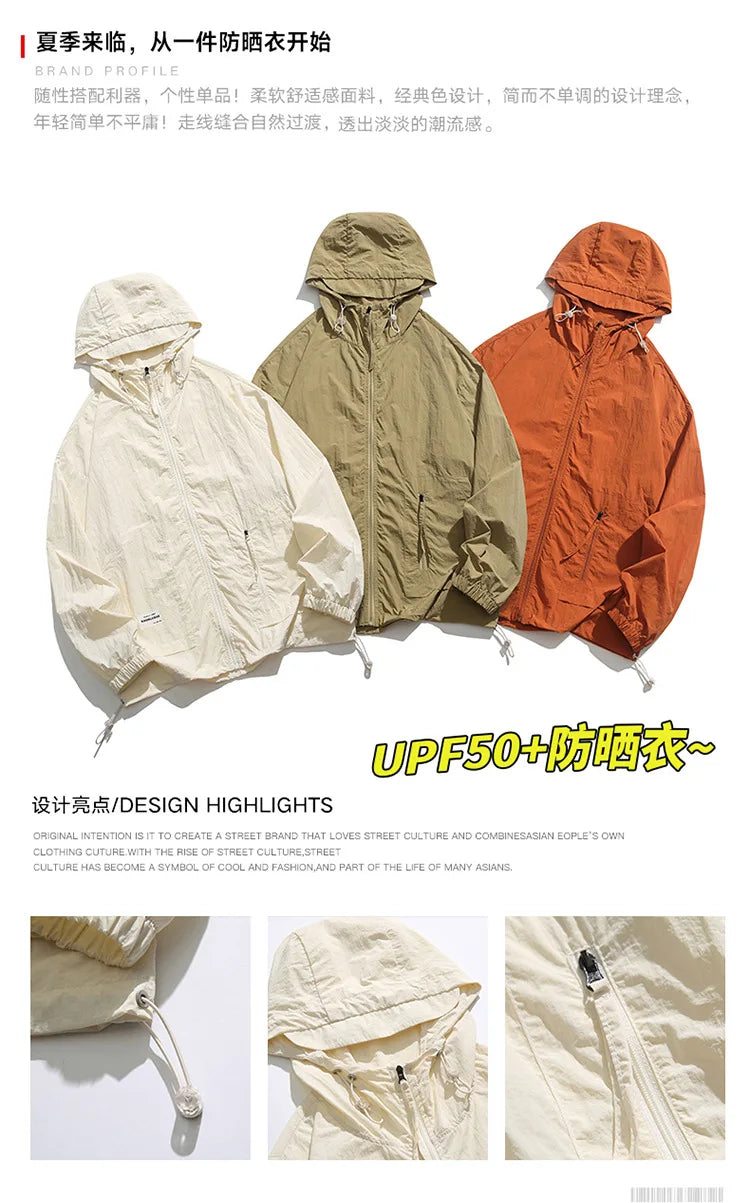 Outdoor Solid Light Sun Protection Clothing Men/Women Quick Dry Ice Silk Casual Hooded UV Resistant Sport Windbreaker Jackets