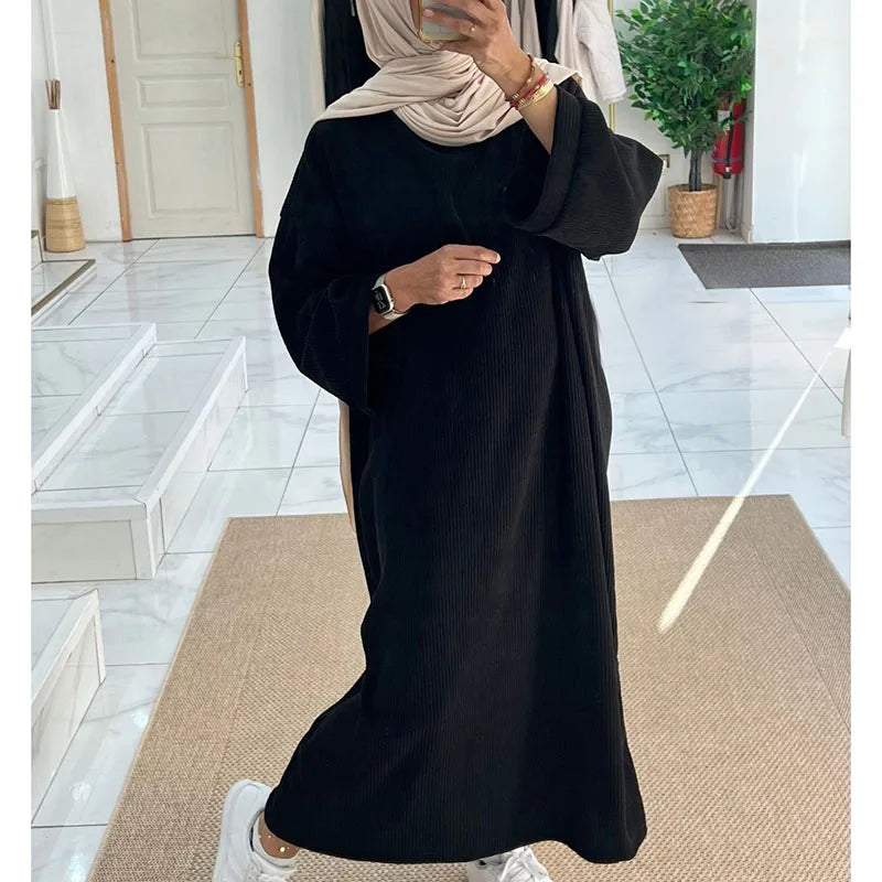 Corduroy Abaya Winter With Side Pocket Thick Warm Ramadan Islamic Clothing High Quality Muslim Women Long Sleeve Modest Dress