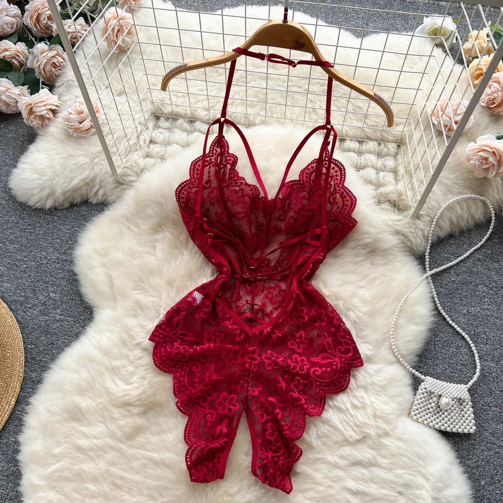 CHILLGIO Sexy Floral Lace Strappy Rompers Women Transparent Erotic Tight Combination Catsuits Club One Piece Backless Bodysuits