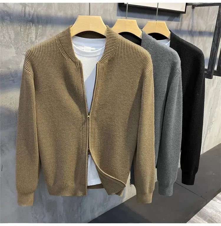 Men's Knitted Cardigan Warm Double Zipper Pit Stripe Slim Fit Sweater Casual Versatile Trend Baseball Collar Sweater Coat