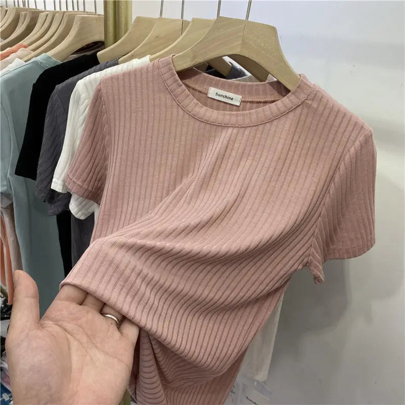 Summer Women Pullover Short Sleeves Bottoming Shirts O-Neck Elastic Slim Thread Fashion Korean T-Shirts Various Colors Available