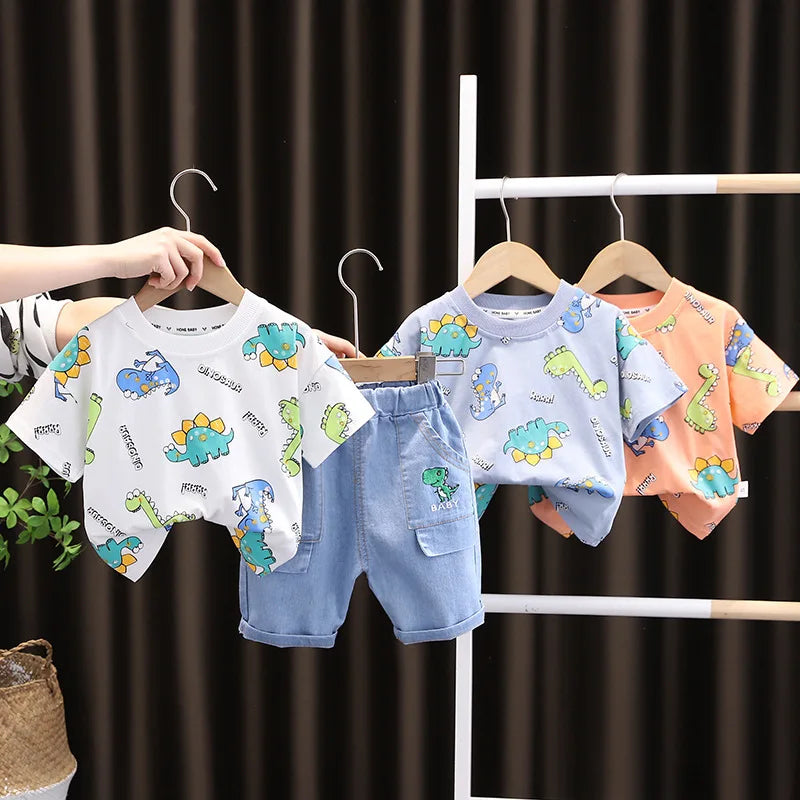 Summer Baby Boys Clothing Suits Childrens Set Dinosaur Print Tshirt+Denim Shorts 2 Pcs/sets Fashion  Children'clothes