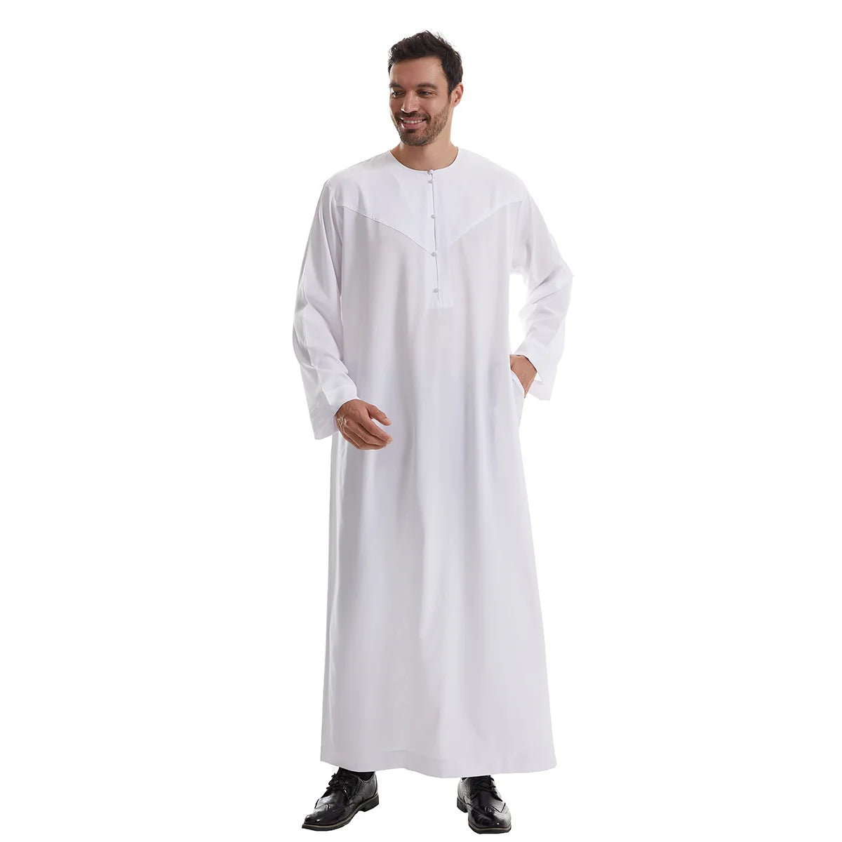 Men's Muslim Robe Ramadan Jubba Kaftan Dishdash Arabian Robe Solid Color Long Sleeve Loose T-shirt Dress Tunic Islamic Clothes