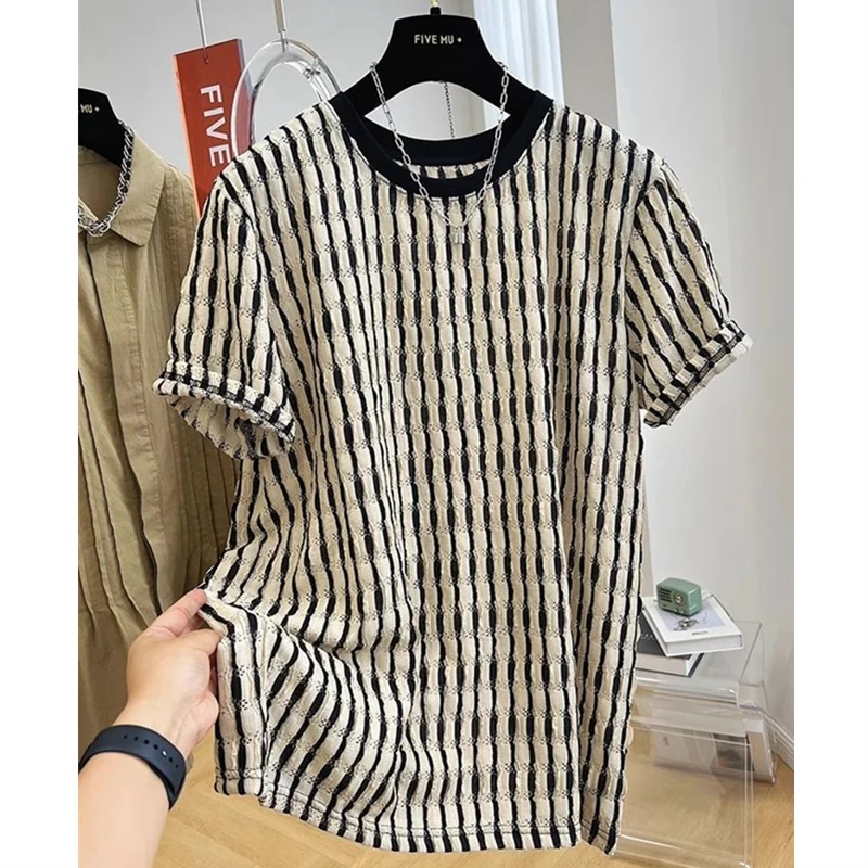 Men's Summer Hollow Stripes Short Sleeved Men's O-Neck Hip-hop Street High Street Couple T-shirt Streetwear Outdoor for Clothing