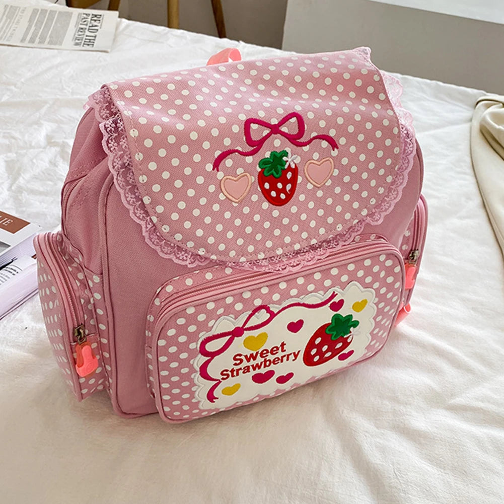 Kawaii Kids School Bag Cute Strawberry Embroidery Student Mochila Dots Multi-Pocket Nylon Fashion College for Teenager Girl