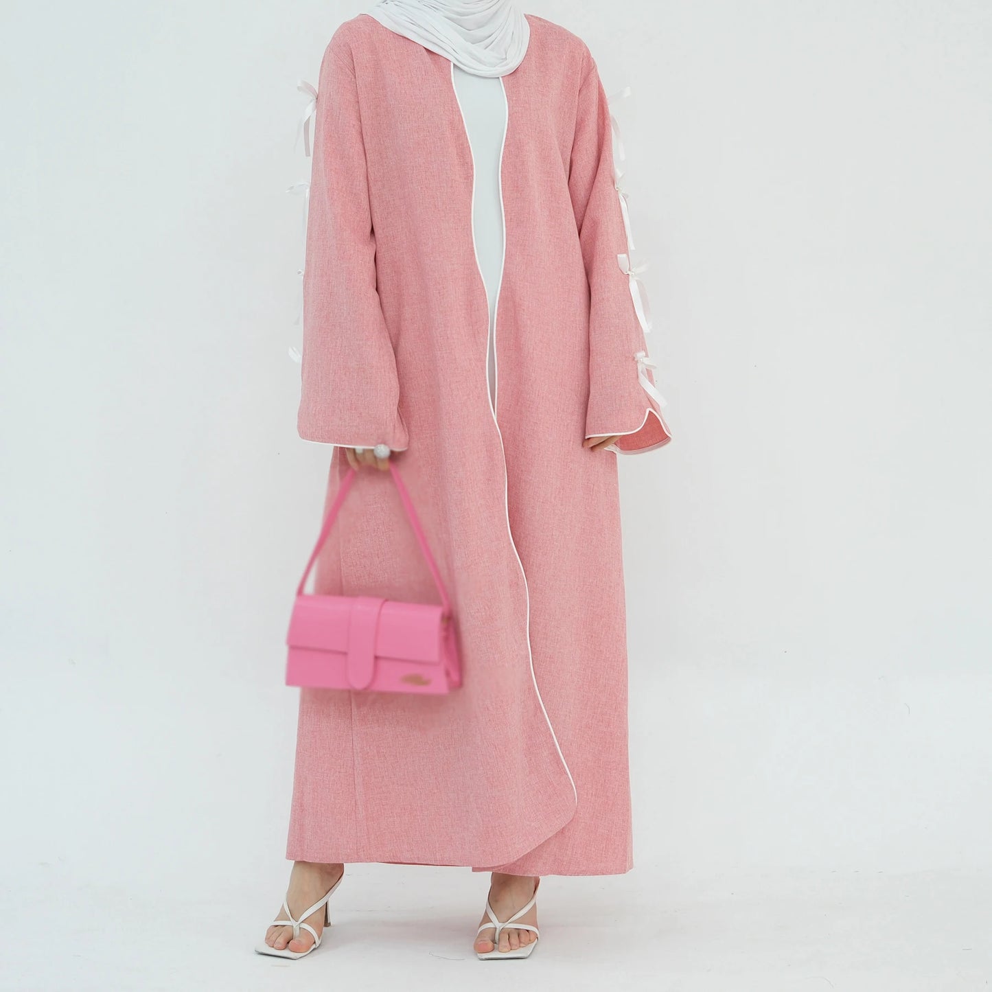 2024 Abaya Dress Bowknot Long Sleeves Modest Dresses Muslim Fashion Women's Clothing Robe Long Cardigan Outwear Eid Ramadan