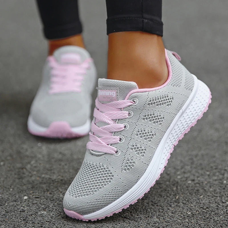 Women's Sneakers 2024 New Fashion Breathable Solid Color Walking Sneakers Women Mesh Fabric Lace Up Shoes Women Female Footwear