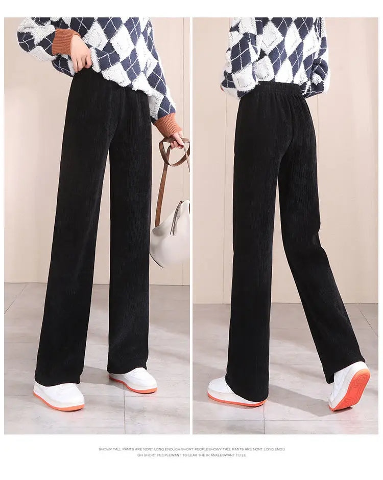 Winter Women Corduroy Trousers Fleece High Waist Loose Straight Pants Elastic Waist Warm Casual Thickened Wide Leg Sweatpants