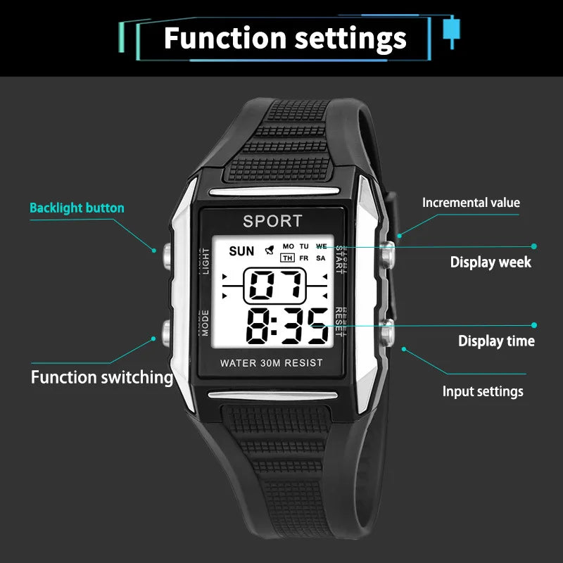 YIKAZE Black Sport Watch Men's Sports Wristwatches Waterproof Electronic Watch Chronograph Sport Digital Watches for Men Student