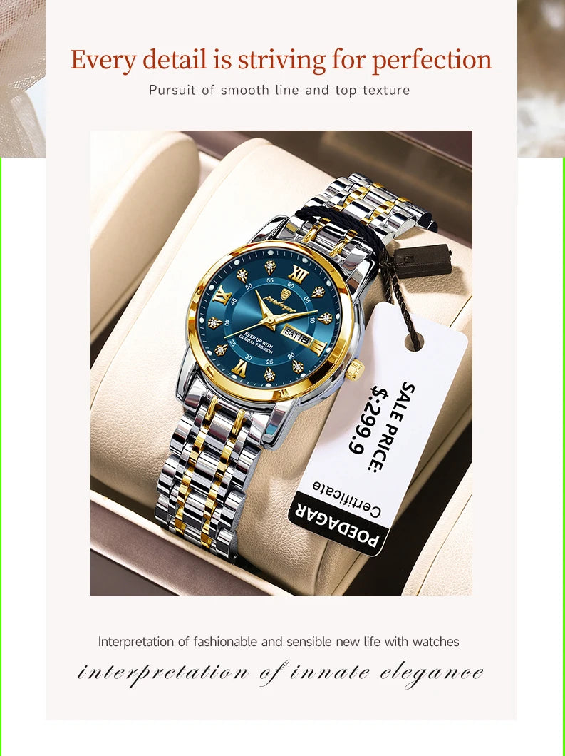 POEDAGAR Luxury Women's Quartz Watches Luminous Waterproof Date Week Women Wristwatch Elegant Dress Stainless Steel Ladies Watch