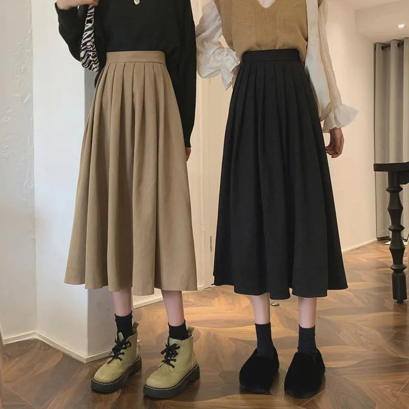 Xpqbb Korean Style Women's Midi Skirt 2022 Autumn High-Waisted Corduroy Long Skirt Women College Style Pleated A-Line Skirts