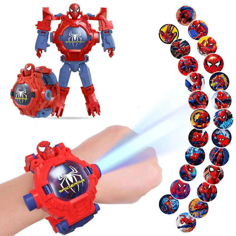 Disney 24 Projection Patterns Spiderman Children Watches for Boy Deformation Robot Projection Electronic Clock Kids Christmas