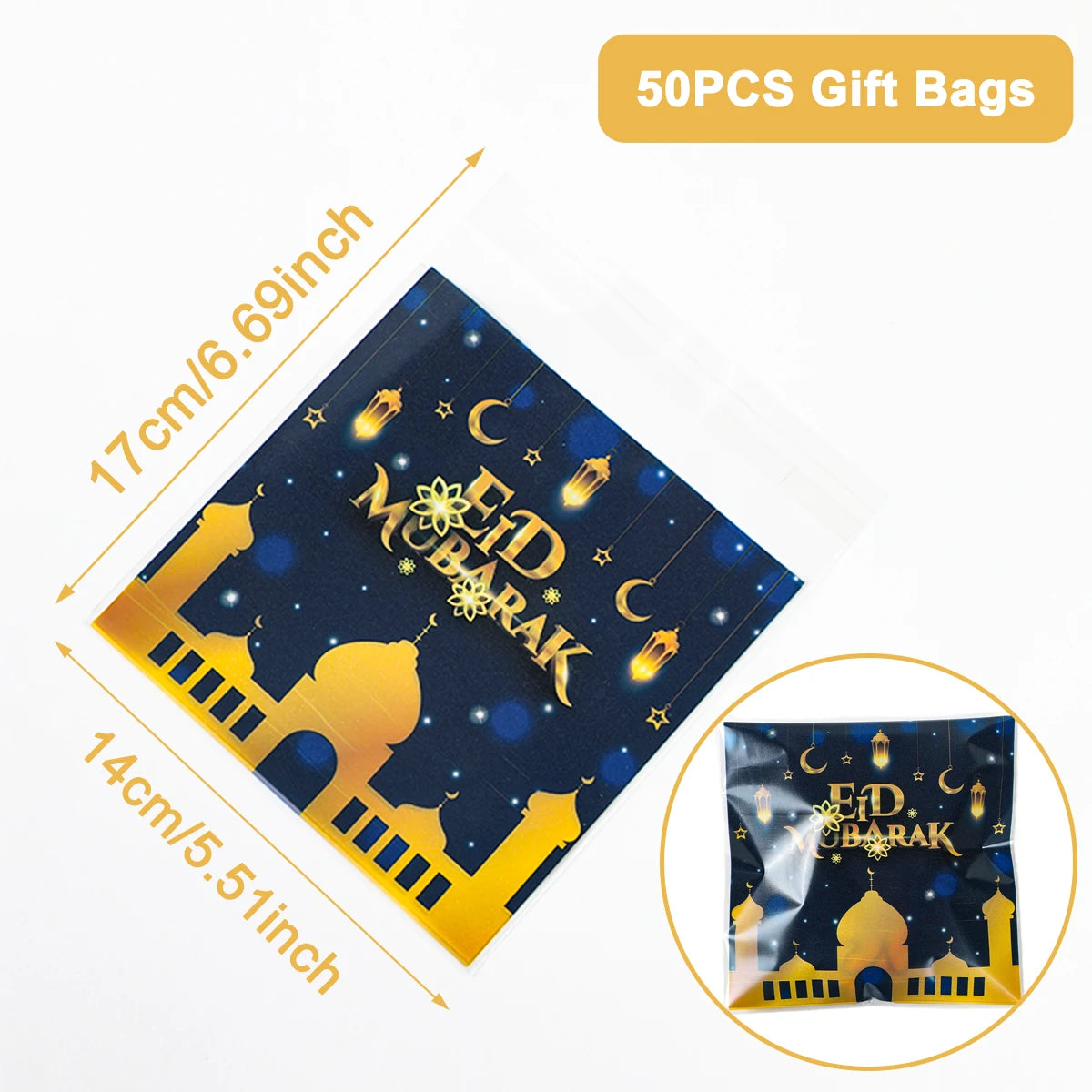 50pcs Eid Mubarak Gift Bags Plastic Bag Cookie Candy Ramadan Kareem Decoration 2024 Islamic Muslim Party Packaging Bag Pouch