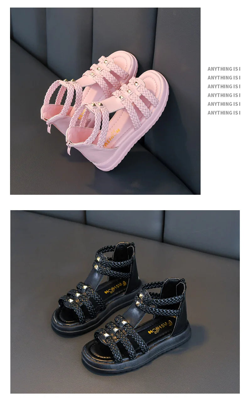 Girls Roman Sandals Open Toe Braided Solid Color High-top Simple Rivets New Summer Hollow Flat Casual Shoes Kids Fashion Casual