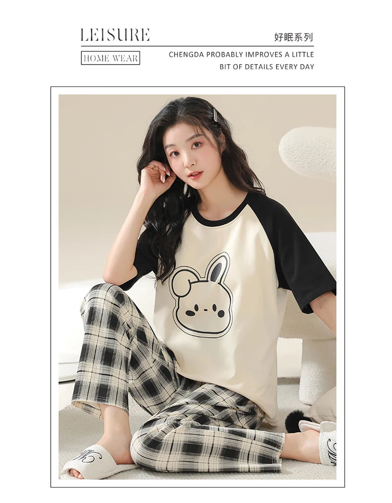 Big Size 5XL Pajama Sets Short Sleeved Cartoon Bear Knitted PJ Plaid Sleepwear Elegant Women's Pajamas Lounge Home Pijama Mujer