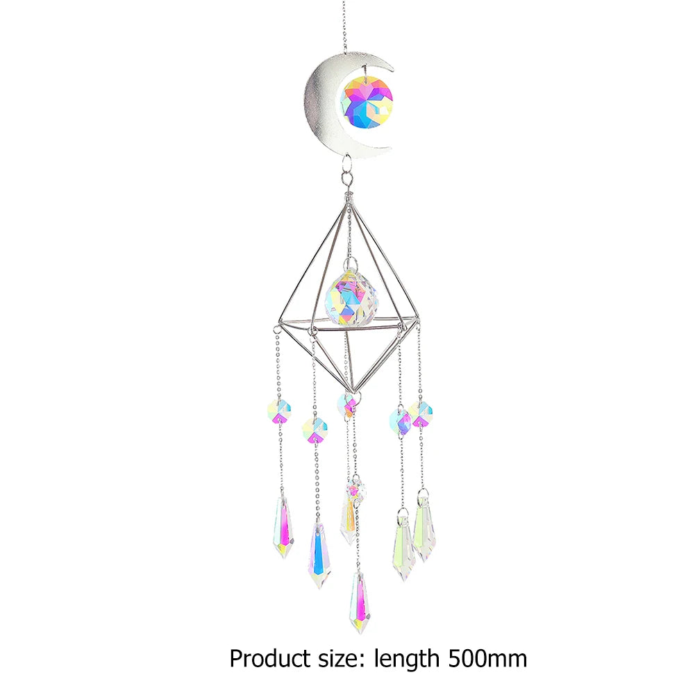 Wind Chime Crystal Light Catcher Hanging Ornament diamond Moon Prism Metal Frame Lighting Ball Bead Jewelry Curtains Home Decor