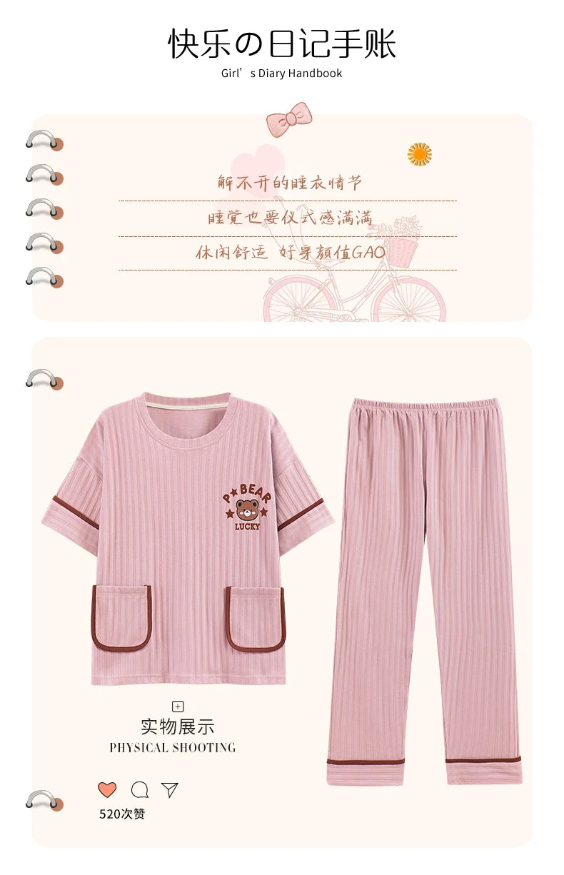 Big Size 5XL Pajama Sets Short Sleeved Cartoon Bear Knitted PJ Plaid Sleepwear Elegant Women's Pajamas Lounge Home Pijama Mujer