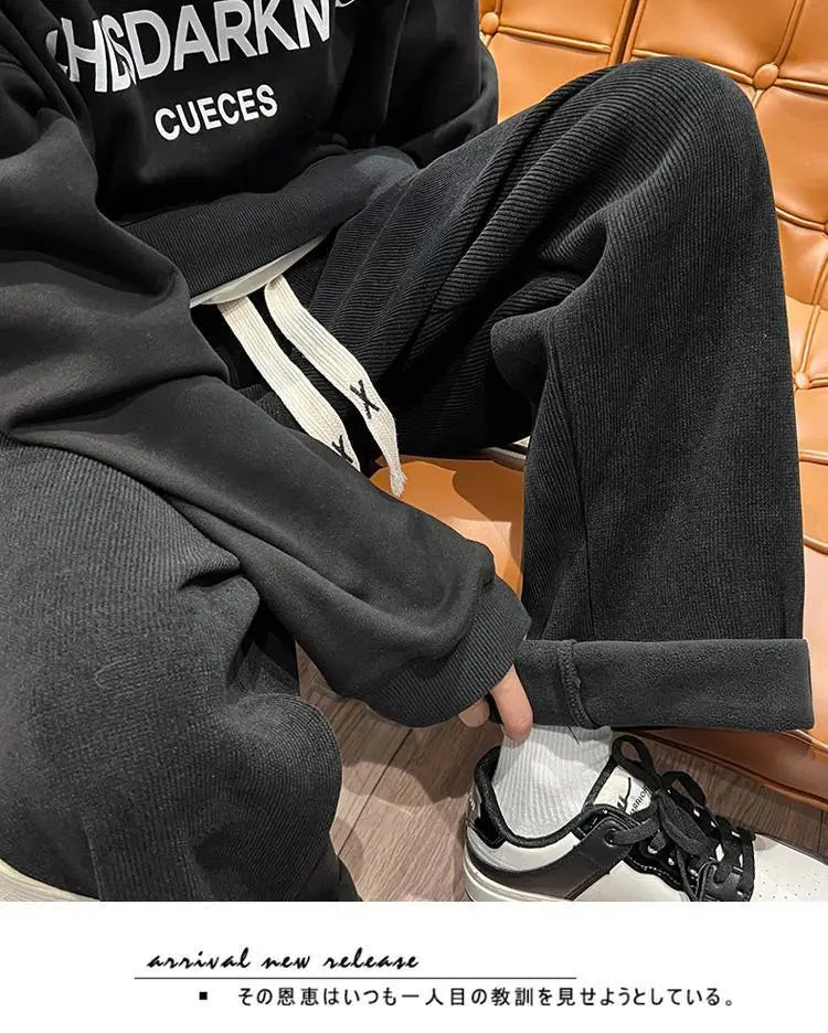 Fleece Thicken Corduroy Wide-leg Pants Men's Harajuku High Street Side Stripes Pants Casual Straight Elastic Waist Sweatpants