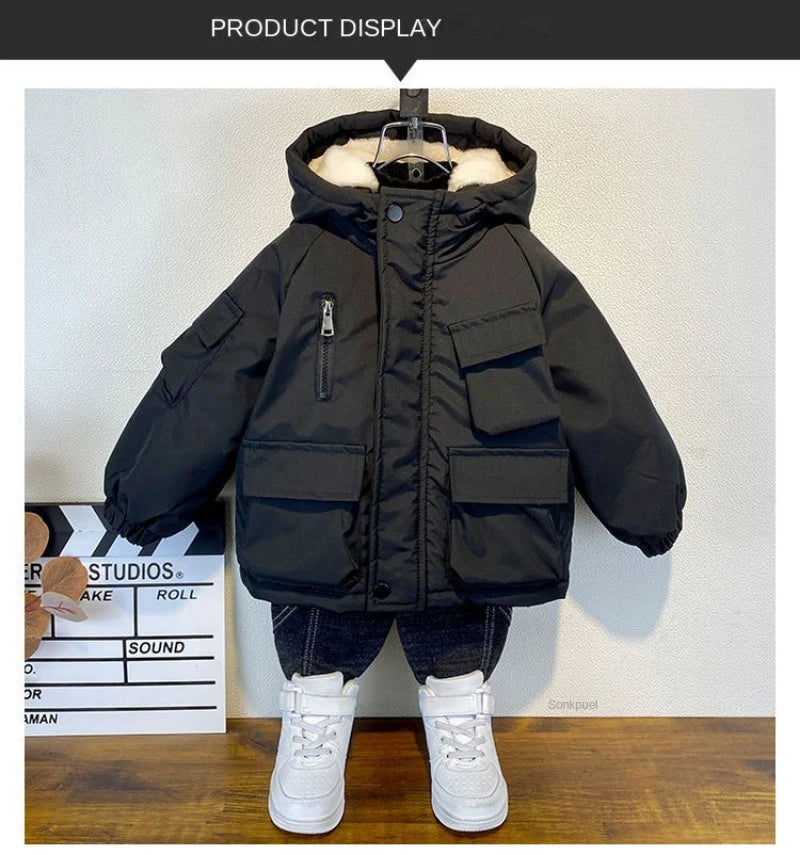 2023 Winter Boys Jacket Children Clothing Keep Warm Cotton Thicken Coats Kids Zipper Hooded Outerwear Plus Velvet Jackets