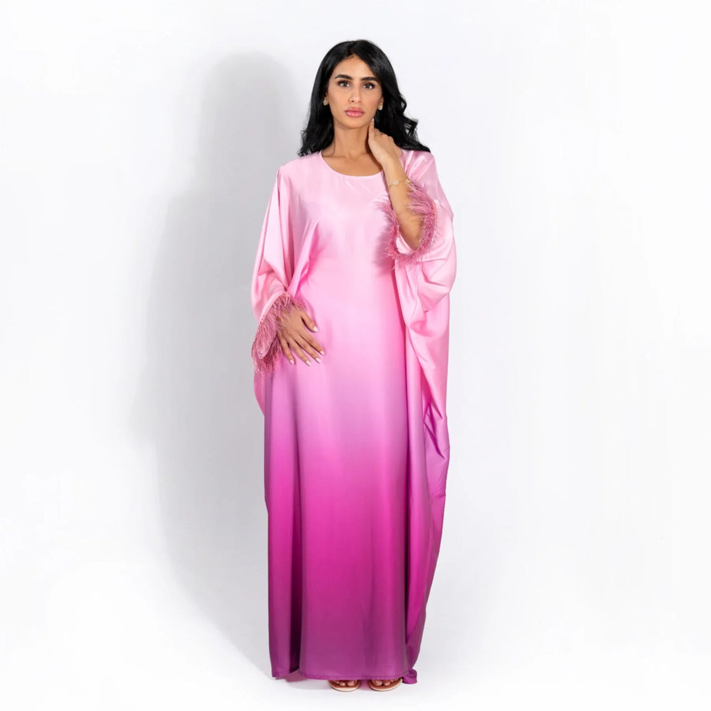 2024 New Dubai Party Dress Muslim Women Abaya Satin Bat Sleeve Feather Sleeves Robe Elegant Female Modest Dresses Islam Clothing