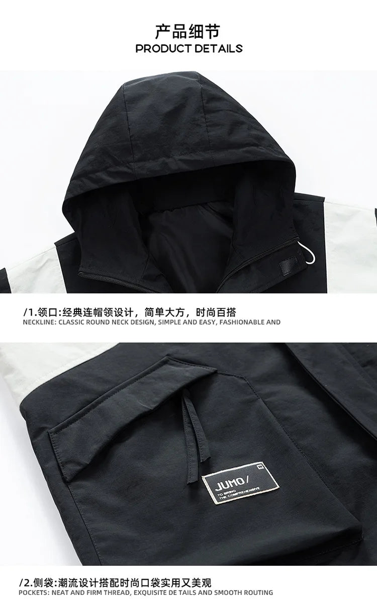 Spring Autumn Unisex Casual Jacket Waterproof Drawstring Patchwork Zipper Big-pocket Hooded Hiking Travel Plus Size 8xl Jacket