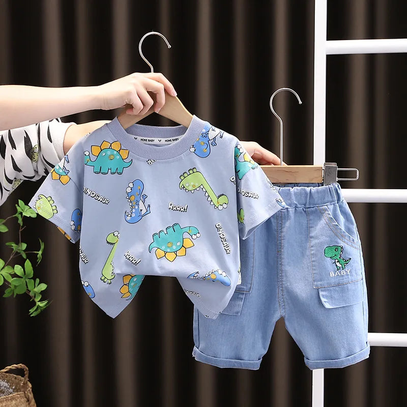 Summer Baby Boys Clothing Suits Childrens Set Dinosaur Print Tshirt+Denim Shorts 2 Pcs/sets Fashion  Children'clothes