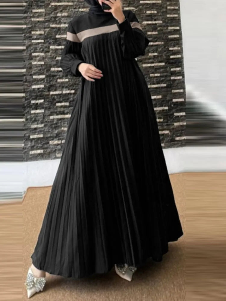 2024 ZANZEA Fashion Women Autumn Long Lantern Sleeve Muslim Dress Abaya Islamic Robe Kaftan Patchwork Sundress Pleated Vestidos