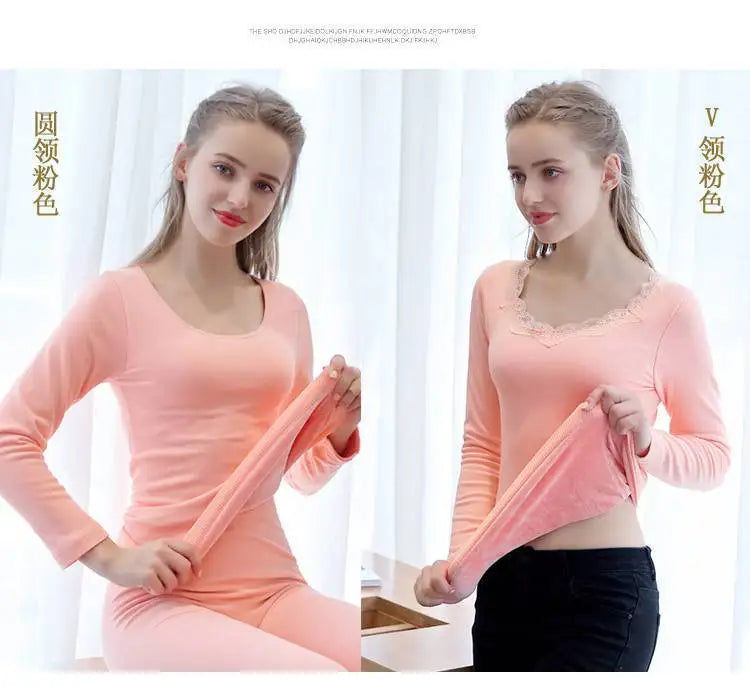 Women Winter Slim Fit Thermal T Shirt Thick Fleece Lace V-neck Solid Bottoming Shirt Thermal Underwear Long-sleeved Pullover Top