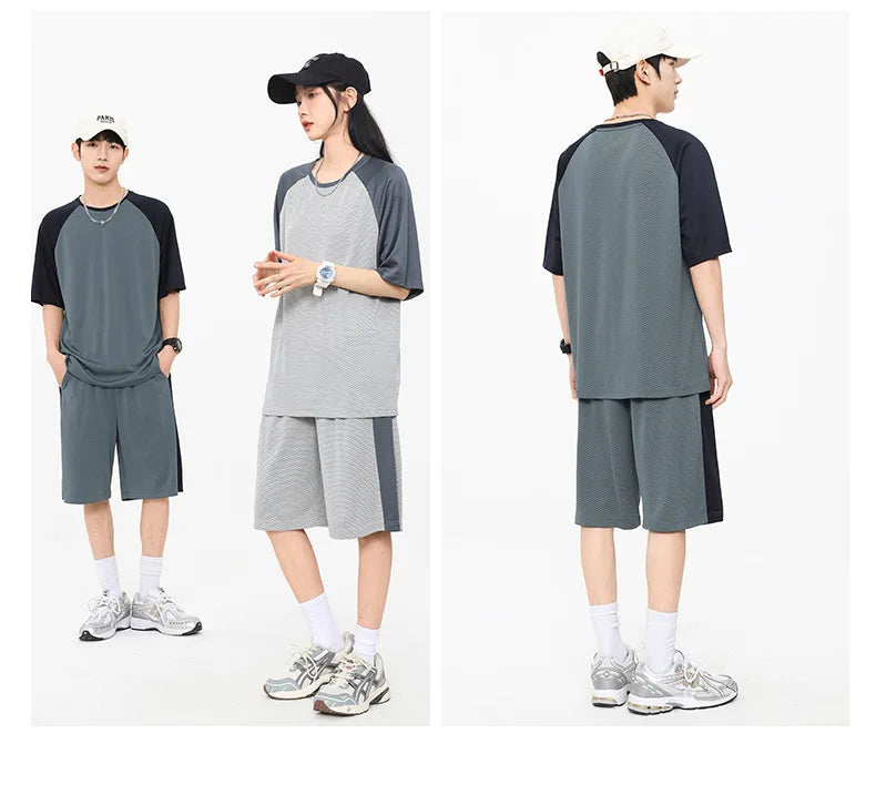 Oversized Summer Breathable Mesh Men Set Couple Outfit Patchwork Casual Women Short Sleeve Wide Leg Shorts Tracksuit 2pcs Set