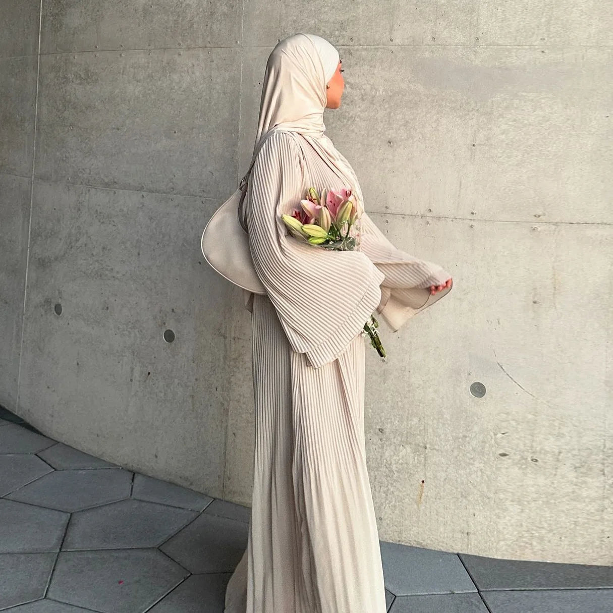 Fashion Women Pleated Muslim Dresses 2024 Spring Autumn Kaftan Long Sleeve Maxi Vestidos Casual Solid Loose Party Robe Vestidos