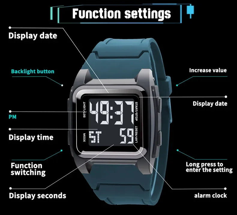 Men's Digital Watches Waterproof Men Sports Watch Luminous Multifunction Clock Outdoor Running Student Kids Fitness Wristwatch